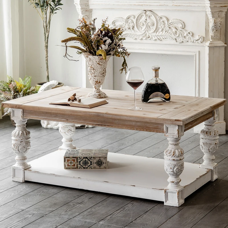 French Roman column retro carved coffee table B & B living room creative old rectangular coffee table solid wood dining table
