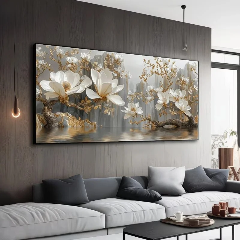 5D DIY Diamond Painting Ethereal Waterfall White Magnolia, Full Diamond Mosaic Golden Flowers Diamond Embroidery Kit Rhinestone