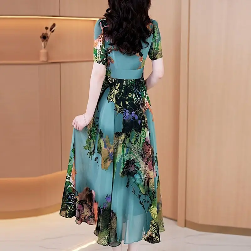 2024 New Summer Women Fashion Print High Waist Elegant Party Dresses Female V Neck Short Sleeve Slim Pleated Midi Dress Vestidos