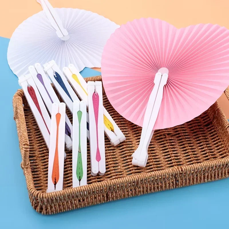5Pcs Heart Shaped Folding Hand Fans Pink & White Portable Handheld Fans Wedding Guest Favors For Bridal Shower Party Event Decor