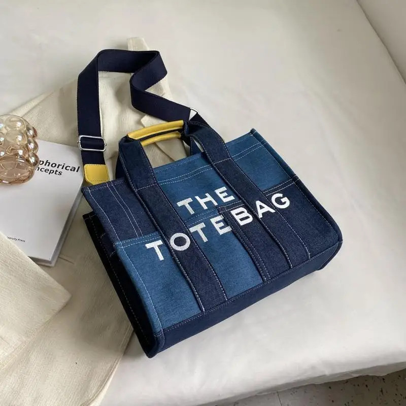 High-capacity Letter Print Underarm Bag Women Y2k New Trendy Fashion Shoulder Handbags Contrast Color Patchwork Denim Tote Bags