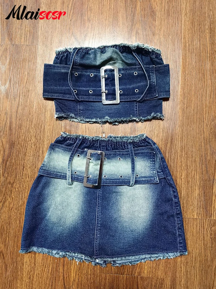 Mlaiscsr Vintage Stretch Denim Women Tube Strapless Crop Top Mini Skirts Jean Belt Two 2 Piece Sets Birthday Club Beach Outfits