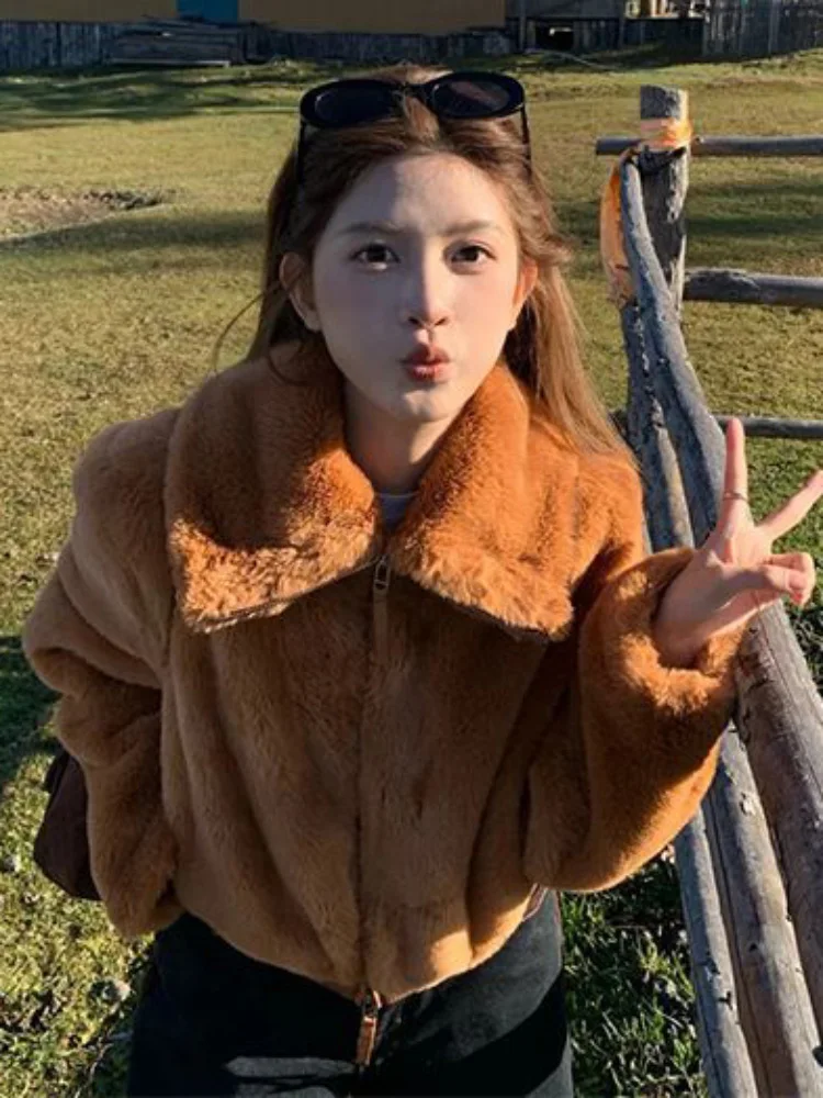 Coreano de pelúcia jaquetas quentes turn-down colarinho feminino casual zíperes chaquetas moda baggy curto engrossado pele jaquetas casaco