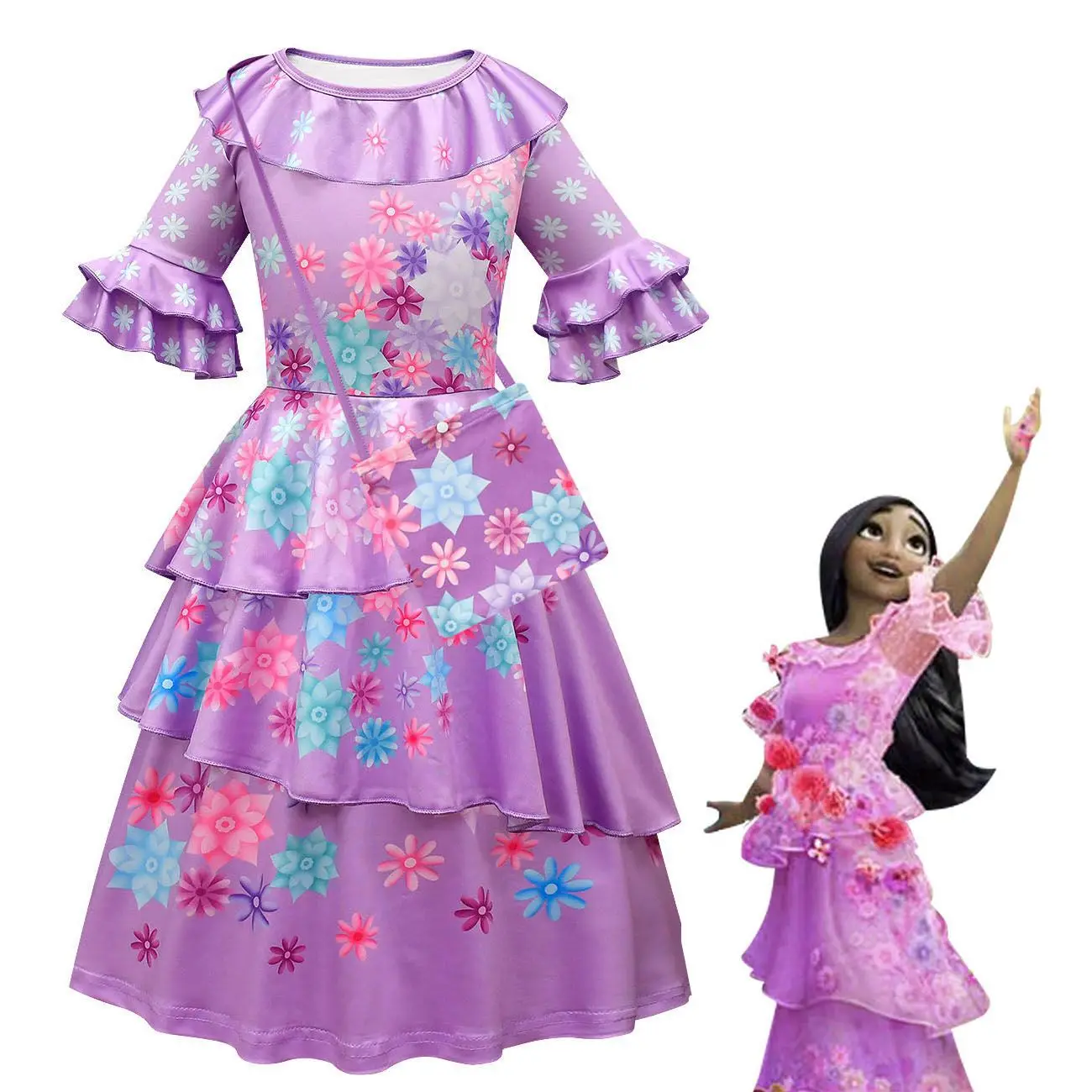 Meisjes Jurken Met Zak Mantel Mirabel Isabella Luisa Party Halloween Peuter Paarse Bloem Isabel Dress Up Fancy Cosplay Kostuum