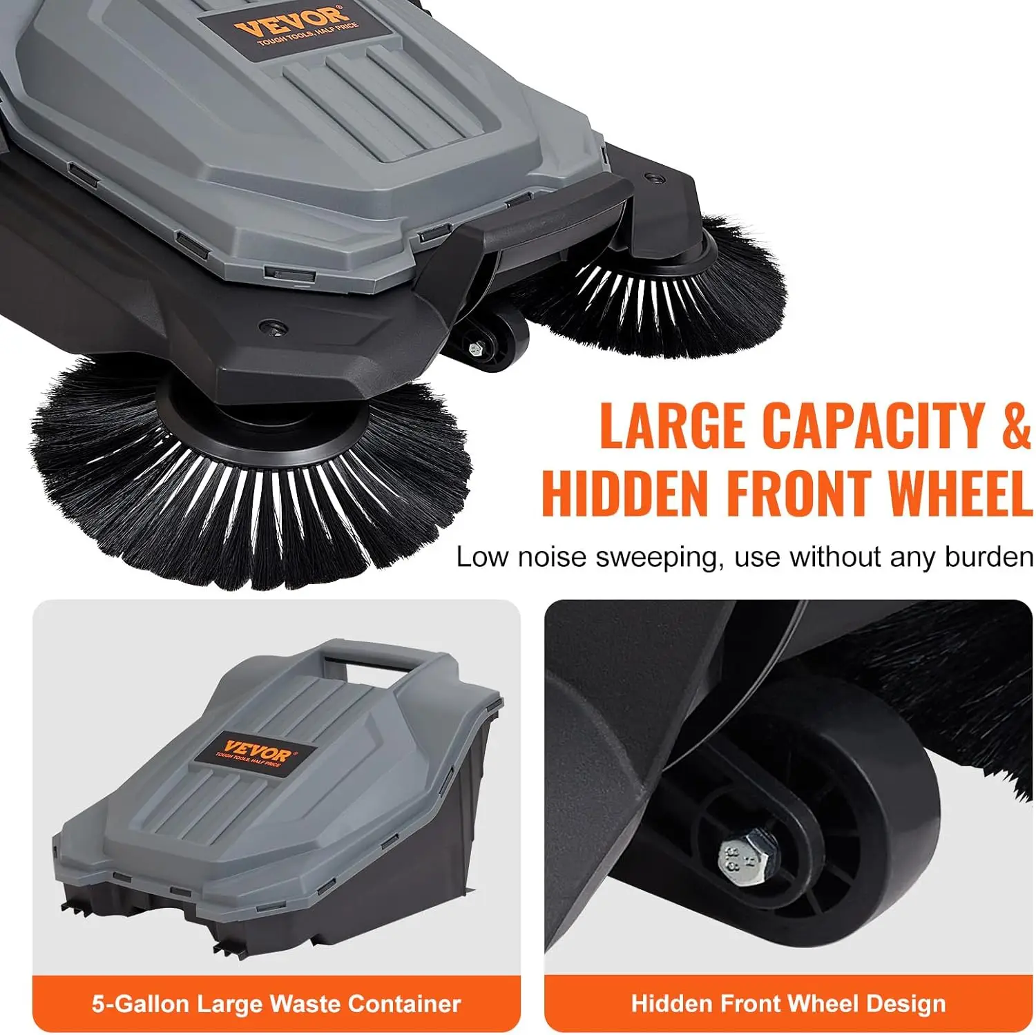 مكنسة أرضية تعمل بالدفع اليدوي، مكنسة أرضية بعرض 25.6 بوصة، مكنسة يدوية غير كهربائية، حاوية نفايات سعة 5 جالون، زاوية