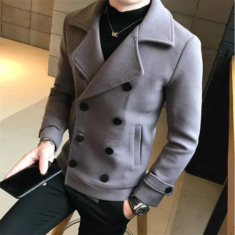 2023 New Fashion Men Double-Breasted Windbreaker Solid Color Slim Short Woolen Coat Winter Casual Warm Windbreaker Coat Size 5XL