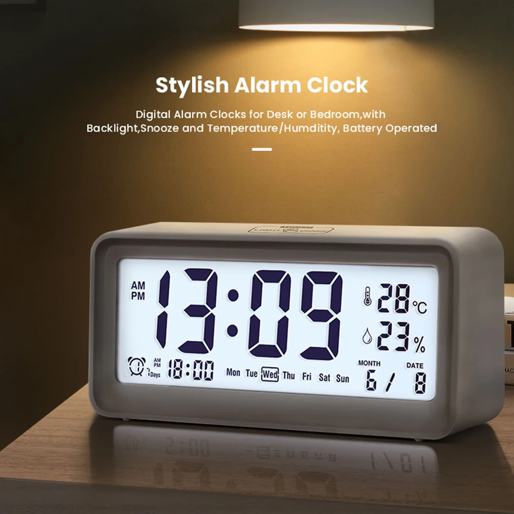 【New】Digital Alarm Clock Large LCD Screen Week Temperature Humidity Date Display Backlight Design Support 3 Clock Seeting Snooze