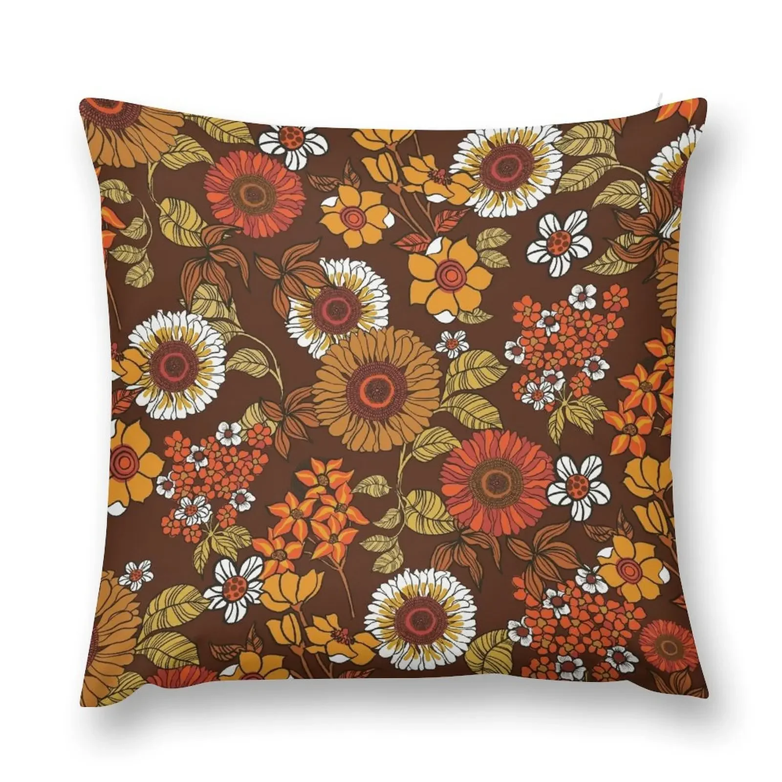 70s vintage boho flowers, orange, browns, hippie, flower power Throw Pillow Luxury Pillow Cover anime girl pillow