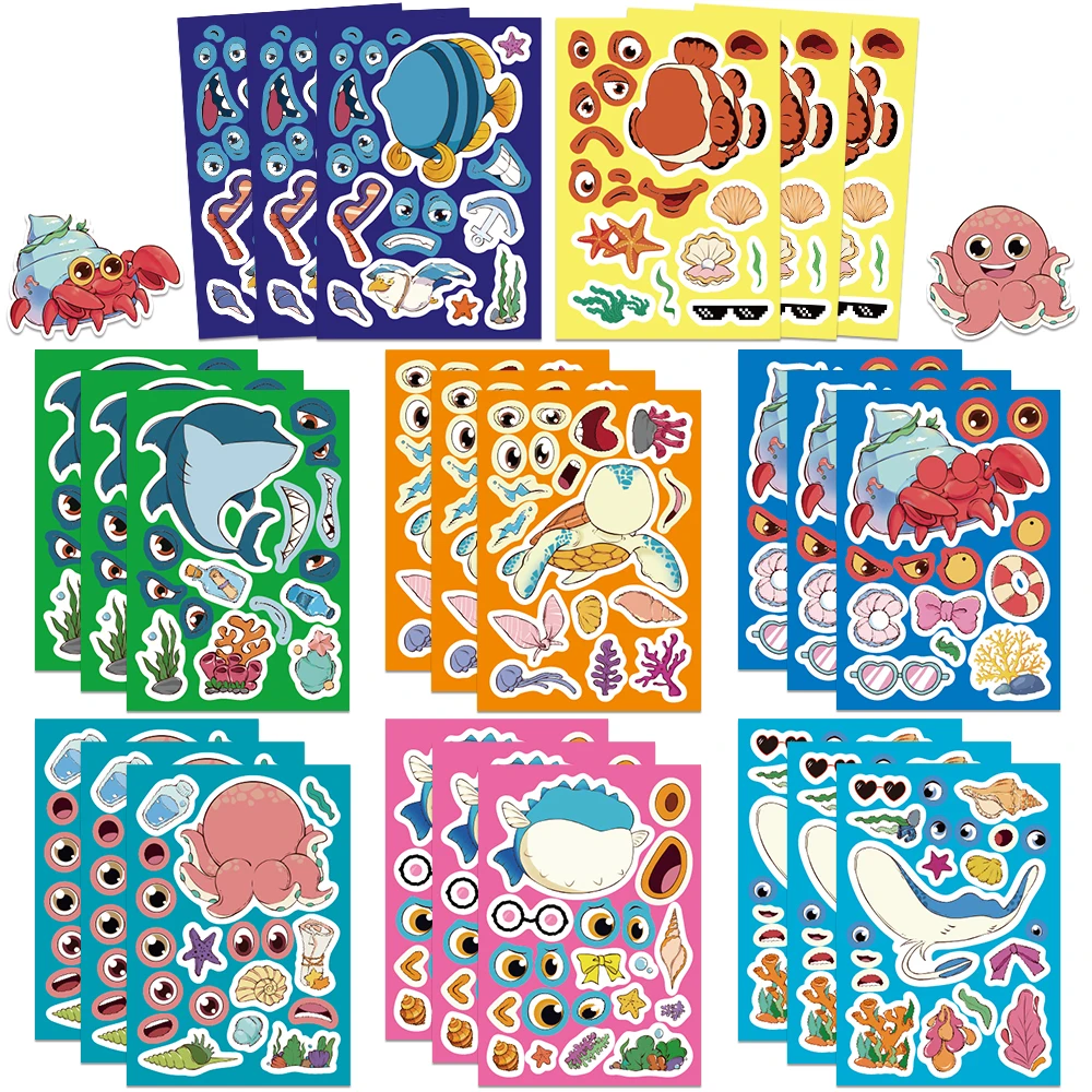

8/16/32Sheets Cartoon Cute Fish DIY Make A Face Puzzle Stickers Dress Up Game Face Funny Assemble Stickers Kids Toys Gifts