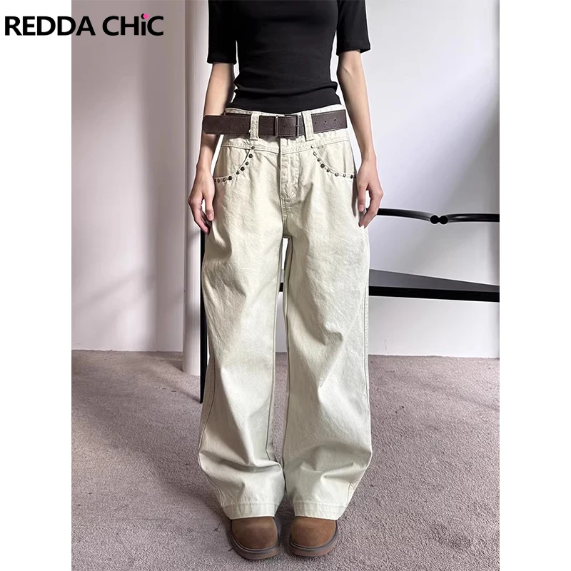 

ReddaChic Rivets Wide Leg Women Jeans Boyfriend New Plain Vintage Loose High Waist Straight Denim Pants Street Style Going Out