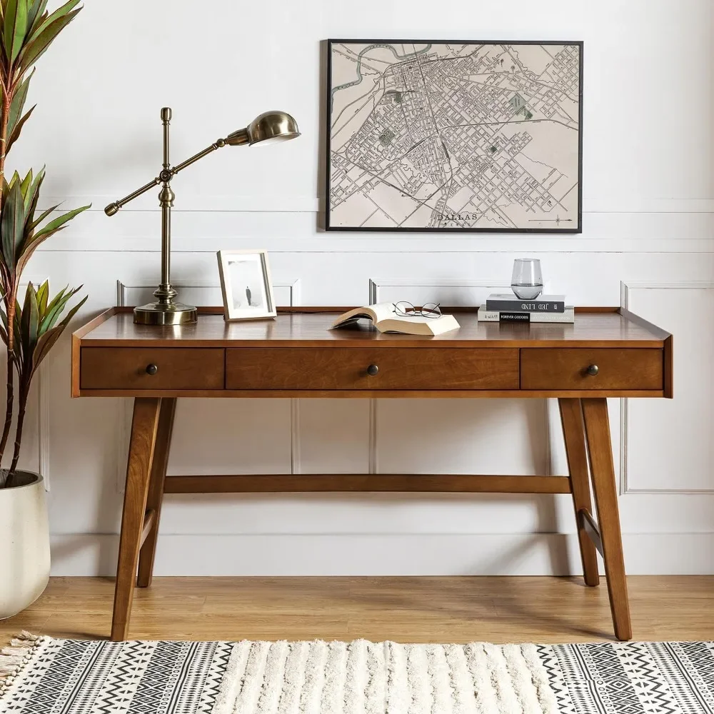 Writing Desk with 3 Drawers, Solid Wood Legs, Charging Station, Cable Management, Mid Century Modern Computer Desk