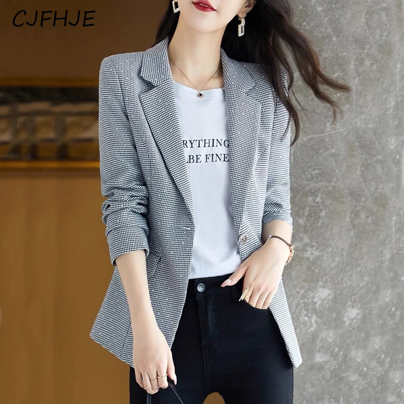 CJFHJE New Women's Fashion Plaid Suit Jacket Spring Korean Elegant Slim Fit Women Sparkling Diamond Long Sleeved Casual Suit