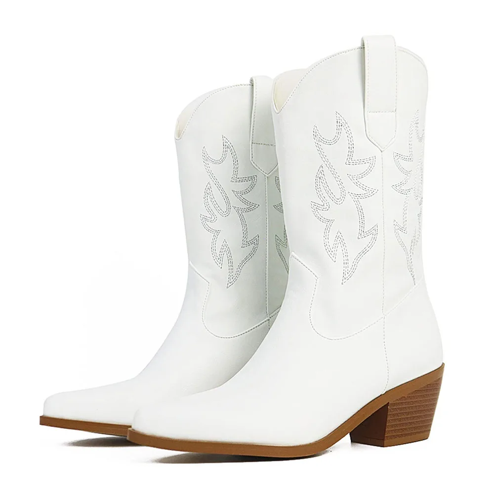 حذاء برقبة كاحل راعية البقر الراقي للنساء ، حذاء برقبة غربي ، إصبع مدبب ، حذاء بكعب متوسط مكتنز ، ترفيهي ، كل المقاسات