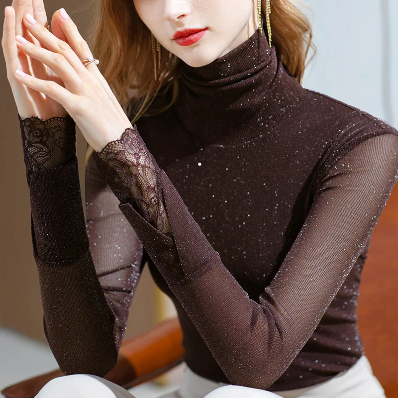Mesh Base Shirt For Women 2025 New Autumn Winter High Neck Stylish Slim Fit T-Shirt With Lace And Shiny Thread Waist-Cinching