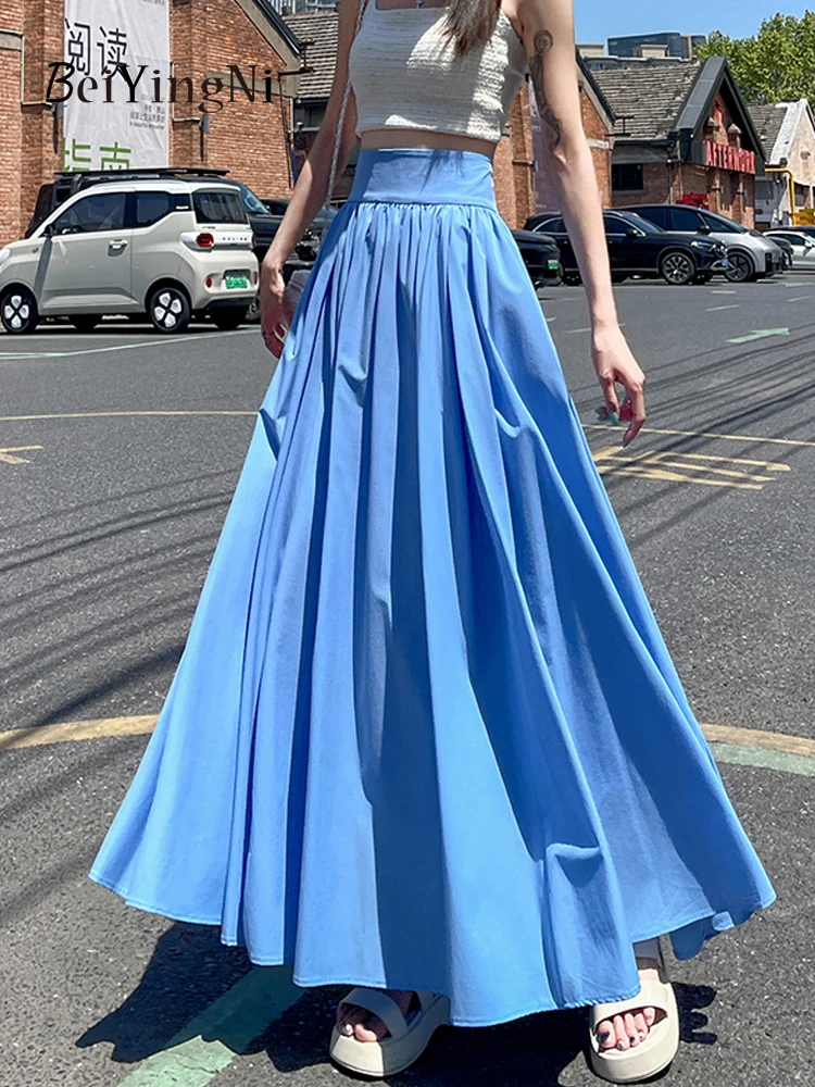 Beiyingni 2025 Summer Ice Silk Maxi Pleated Skirt Woman Solid Color High Waist Slim Women's A-line Long Skirts White Blue Faldas