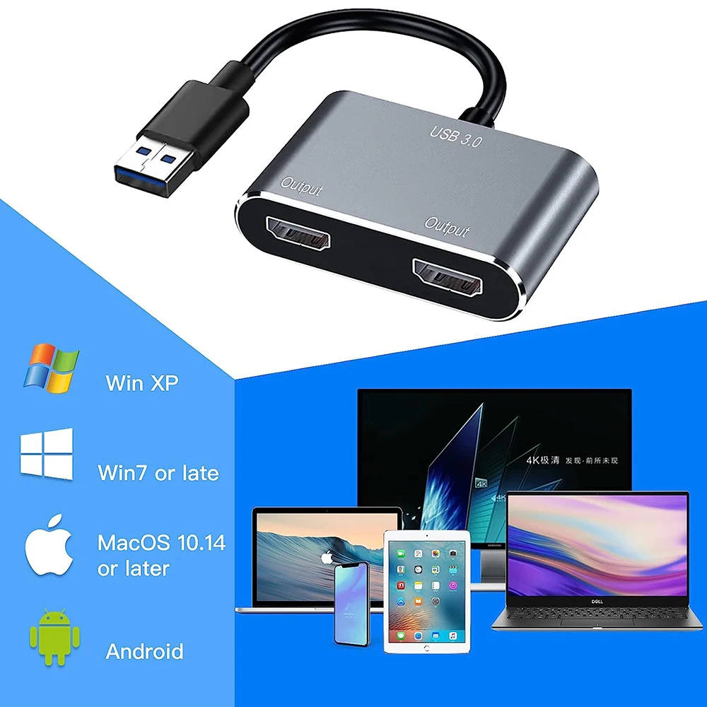 Nku USB 3.0-듀얼 1080P HD 디스플레이 어댑터, USB 2 모니터 연장 컨버터 케이블, 윈도우 데스크탑 노트북 PC용, HDTV 2 대