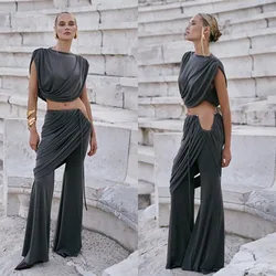 Elegant Ruched Asymmetrical Two-Piece Set Unique Mini Round Neck Crop T-Shirt Sexy Cut-Out Flared Pants New Fashion Women's Suit