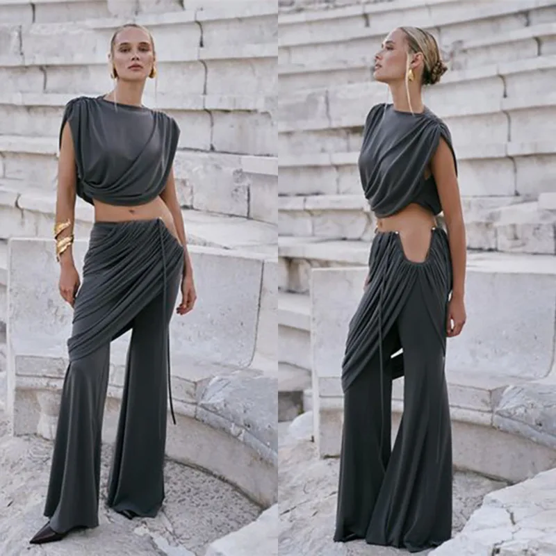 Elegant Ruched Asymmetrical Two-Piece Set Unique Mini Round Neck Crop T-Shirt Sexy Cut-Out Flared Pants New Fashion Women's Suit