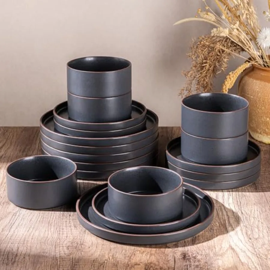 Ceramic Dinnerware Sets for 6 High Edge Stoneware Plates and Bowls Set Chip and Crack Resistant Oven Dishwasher Microwave Safe