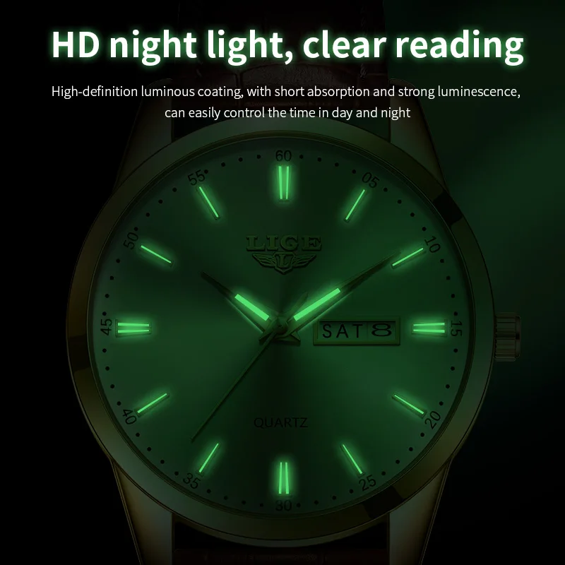 LIGE Luxury Man Watch Waterproof Luminous Date Week Leather Watch For Men Sports Men\'s Quartz Wristwatches Male Clock Reloj+Box