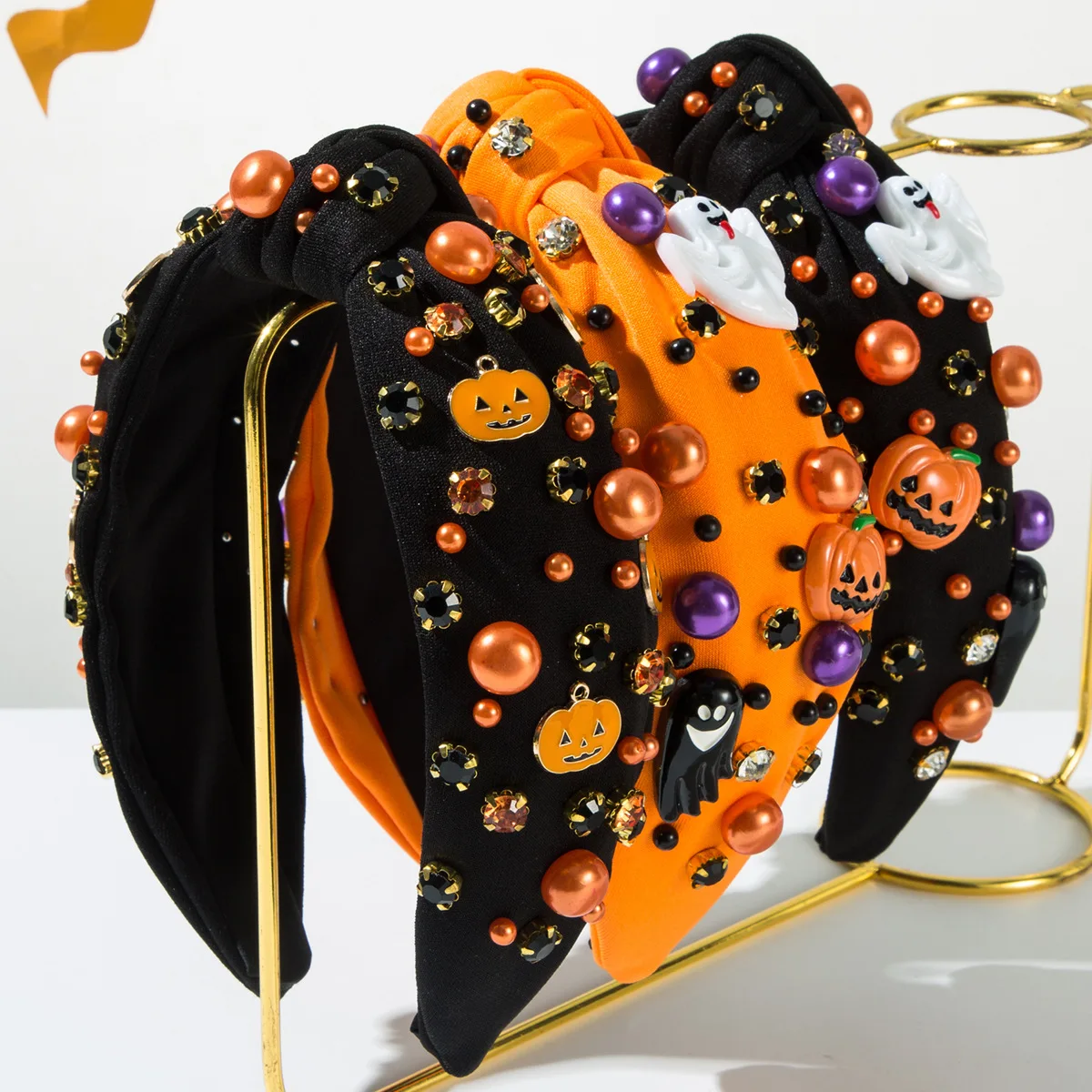 

Halloween Headbands for Women Knotting Hair Band with Diamonds Pearl Ghost Pumpkin Holiday Festival Headwear Hair Accessories