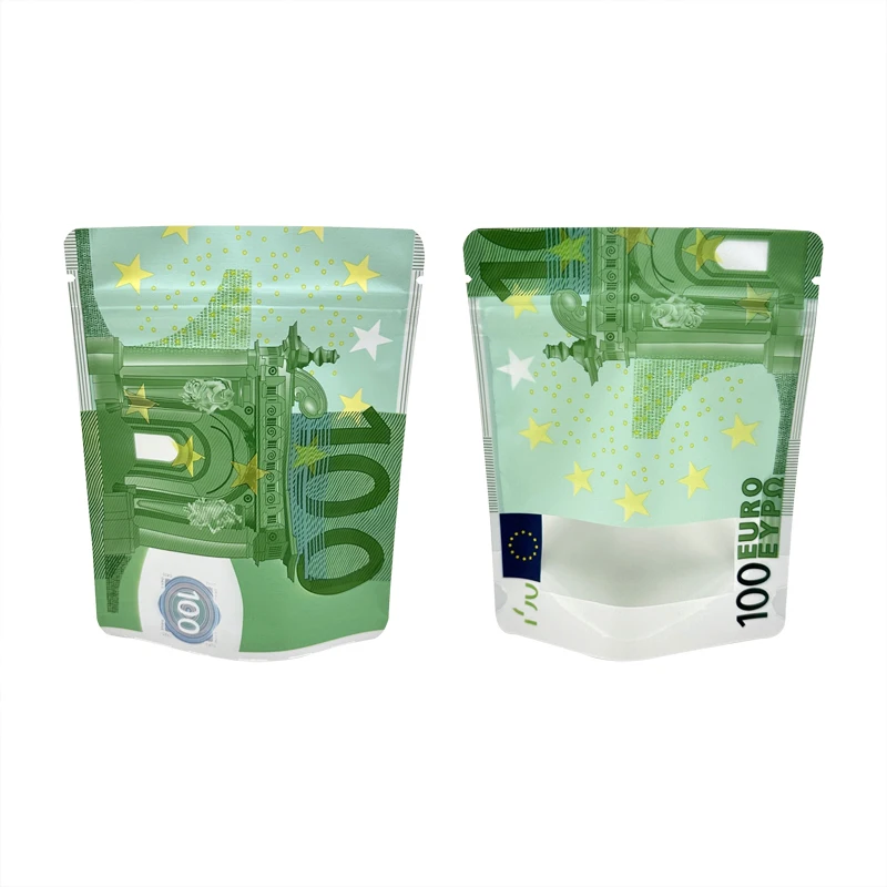 Bolsa de papel con cierre de cremallera, bolsa pequeña con ventana transparente, 1-100G, Mylar, diseño personalizado, EURO, 10 €, 20 €, 50 €, 200 €,