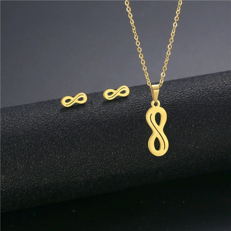 Stainless Steel Necklace Women's Fashion Japan Korea Figure 8 Infinite Clavicle Chain Women's Simple Necklace Stud Set Wholesale