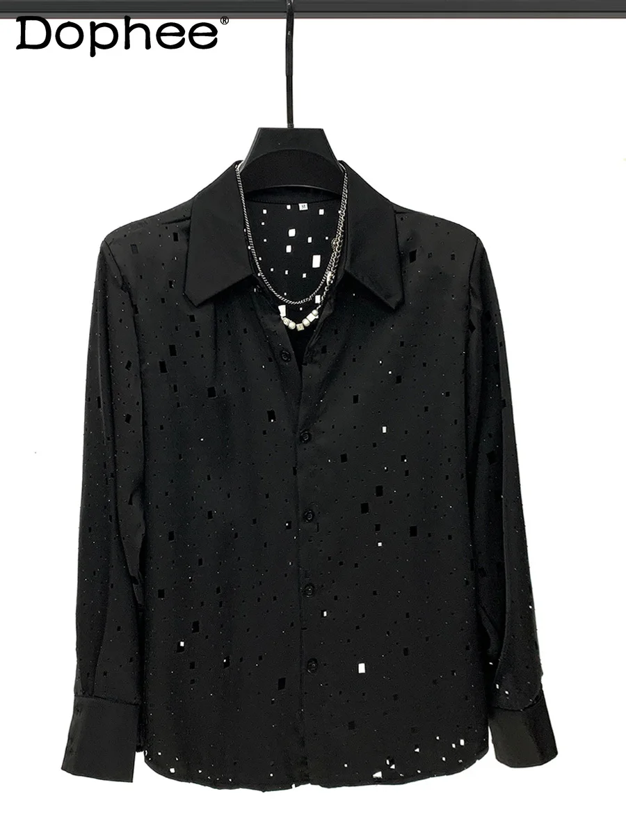 2024 New Unique Shirts Men's Fashion Trendy Design Rhinestone Long Sleeve Chic Top Casual Padded Shoulder Breathable Black Shirt