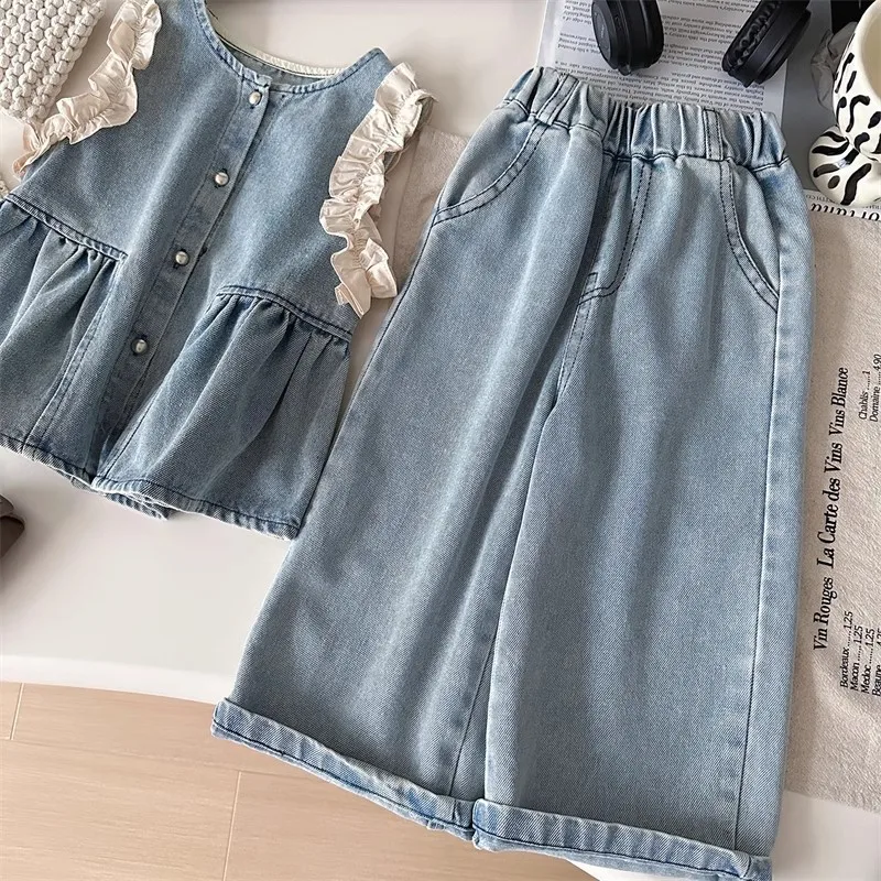 Undershirt Vest Pants Set New Spring and Autumn Shirts Fashionable Cowboy Vest Wide Leg Pants 3-Piece Set Trendy