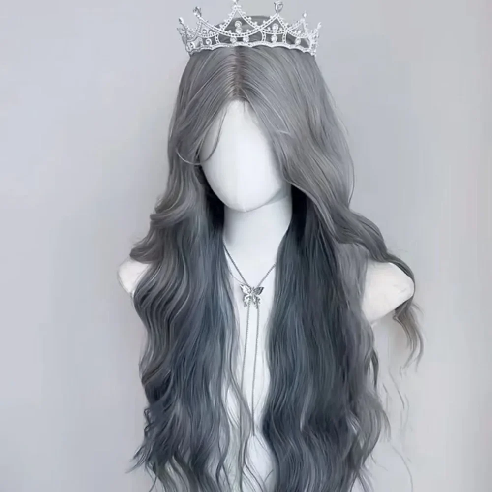 Ashely Wigs for Women Gradient Blue Gray Lace Front Long Curly Hair Natural Simulation Human Hair Headband Synthetic Wig