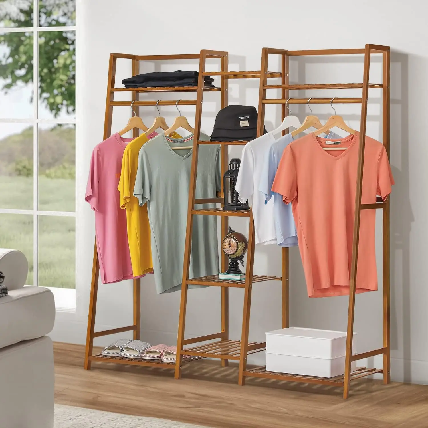 Bamboo Clothes Rack with Double Rods and Storage Shelves Open Wardrobe Rack for Hanging Clothes and Storage for Bedroom