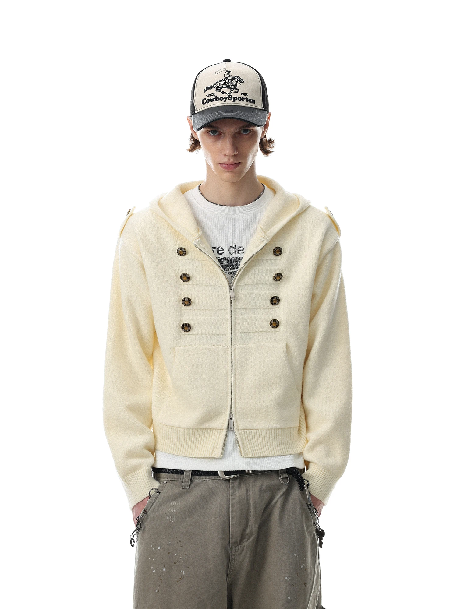 Retro American Court Style Napoleon Hoodie Knitted Sweater Unisex Double Zipper Cotton Blend Long Sleeve Warm  Color