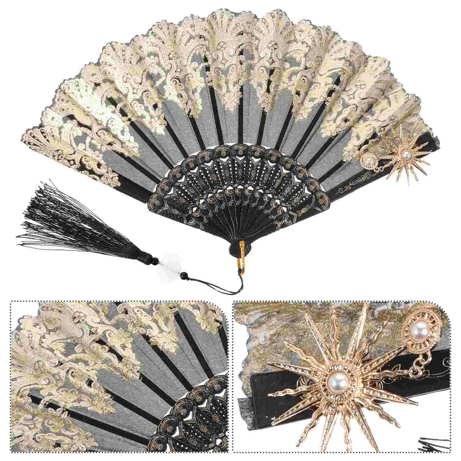 Palace Style Folding Fan Cloth Hand for Women Foldable Held Vintage Handheld Portable Wedding Pendant