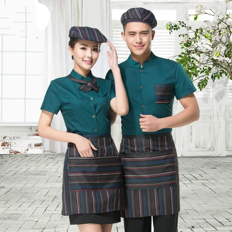 New Design Summer Work Wear Waiter Clothes Short-sleeve Waiter Uniforms Waitress  Wholesale