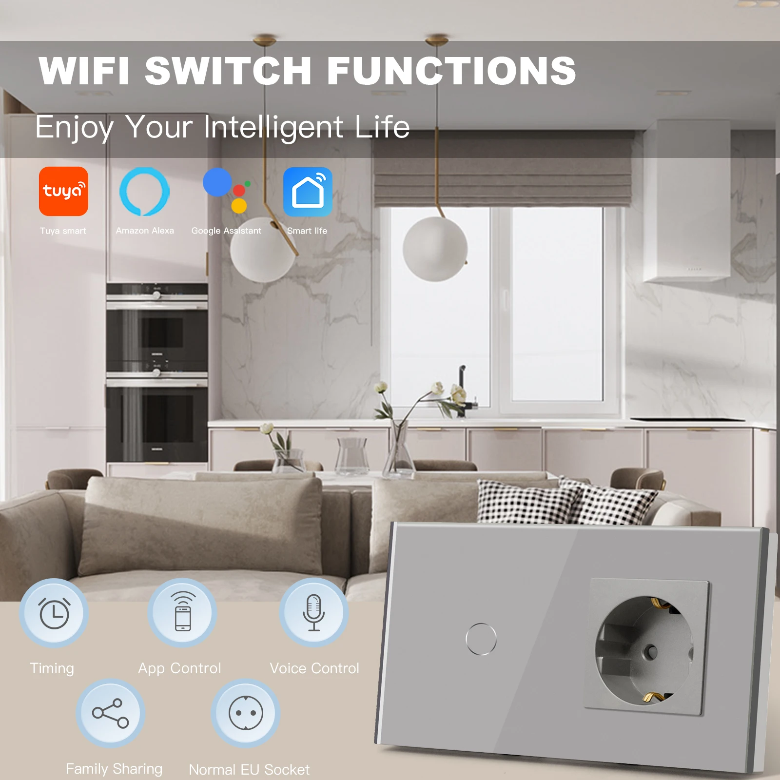 BSEED 1/2/3Gang Wifi Smart Touch Switches Tuya Smart Life Alexa App With EU Sockets USB Type-c Power Ports With Capacitor Gray