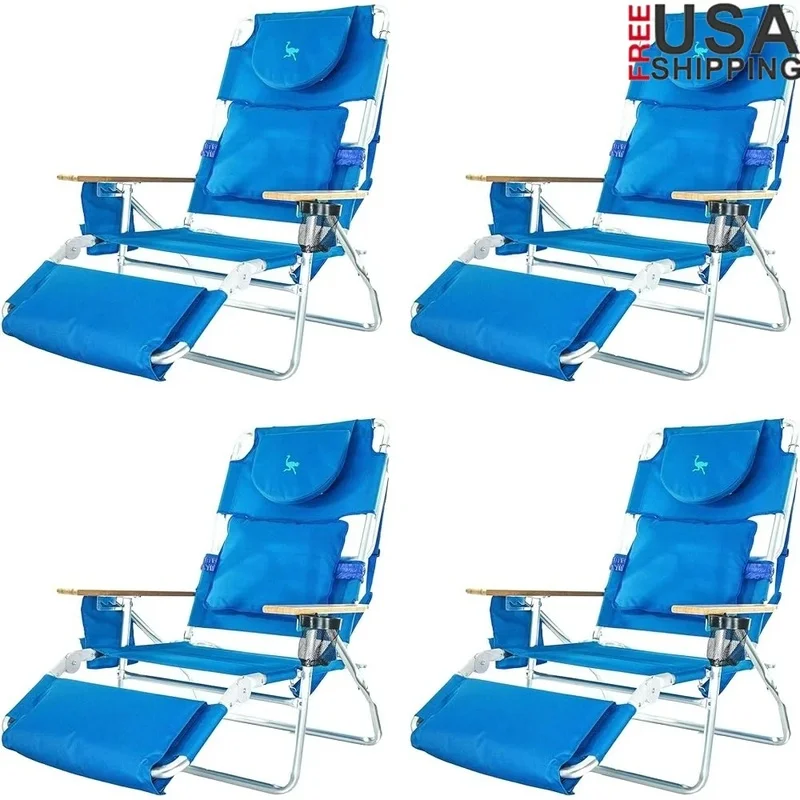 

Легкий регулируемый пляжный стул с откидной спинкой 3-в-1, портативный шезлонг с лицевой полостью и отделениями для рук — набор из 4 шт.