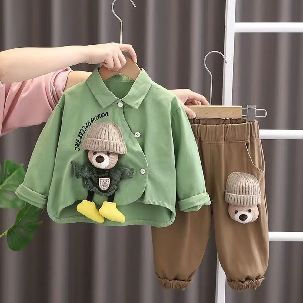 

Boys Set Spring and Autumn 2026 New Children's Teddy Bear Clothes Long Sleeved Cartoon Shirt+Pants Two-Piece set Kids Outfits