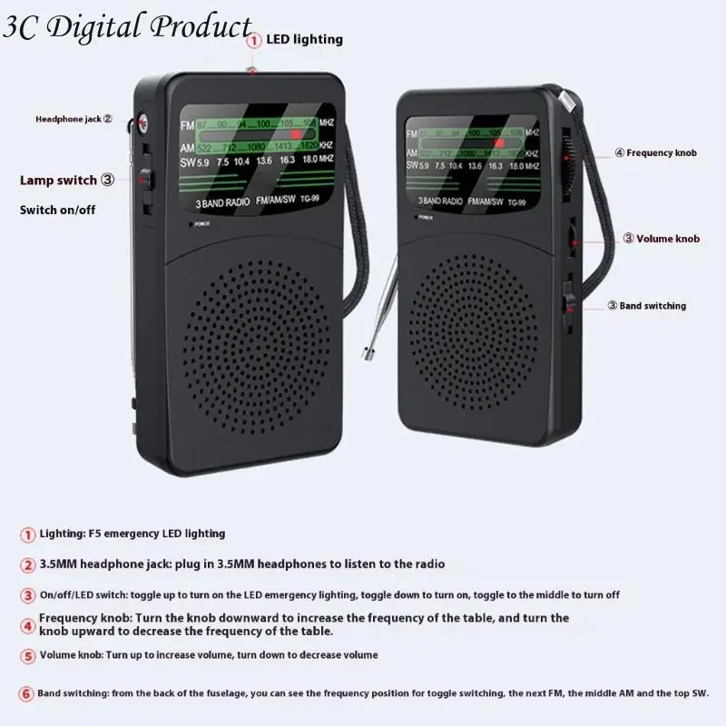 Los sintonizadores sensibilidad sensibilidad portátil FM FM SW para usuario iluminan luz Light