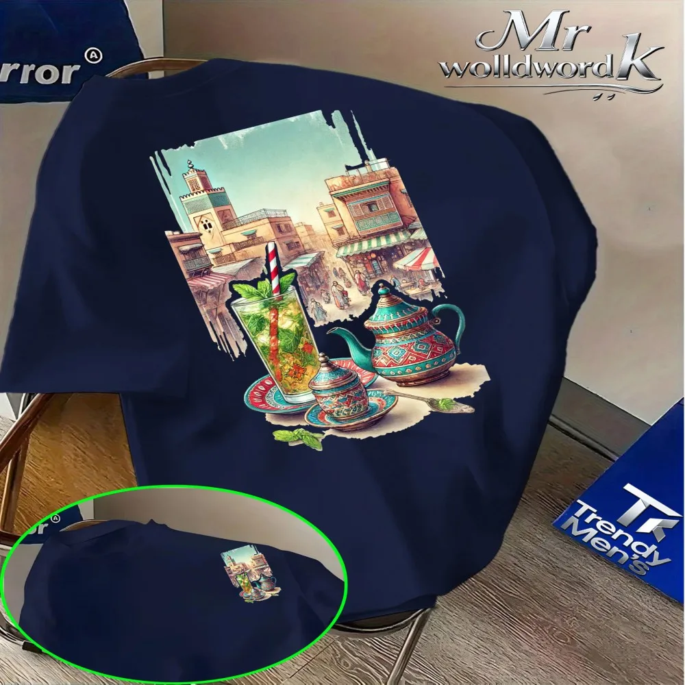 Unisex Cotton Short-Sleeve Tee Featuring a Moroccan Tea-Themed Street Scene Print – North African Vibe – Artsy Retro Style