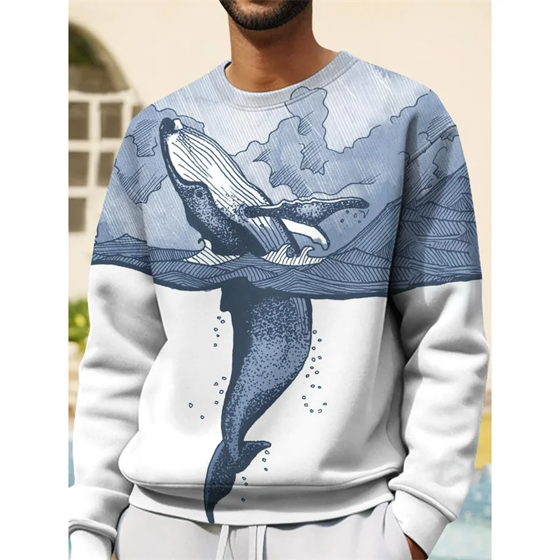 3D Printed Whale Hoodie For Men Marine Animal Graphic Sweatshirt Casual Harajuku Round Neck Pullover Hoodies Loose Long Sleeves