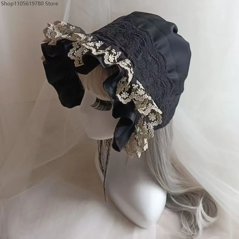 Sweet Ruffled Lace Cosplay Head Bonnet Women Rural Prairie‑Style Decorative Vintage Headdress Prop For Holiday Party Dress Up