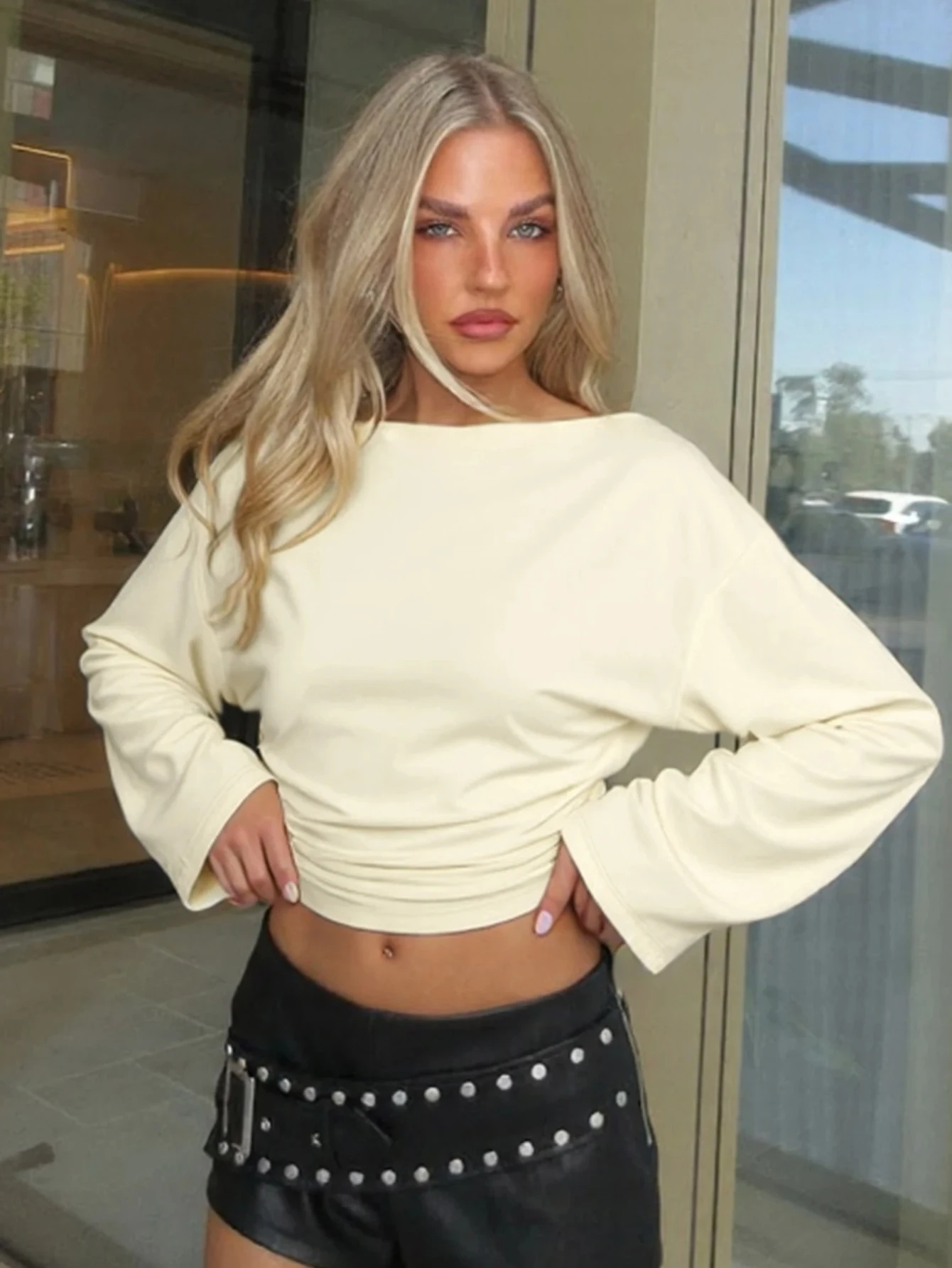 

Autumn Latest Solid Slash Neck Long Sleeves Ruched Slim T-Shirt Women'S Casual Versatile Party Street Style Y2K Clothes