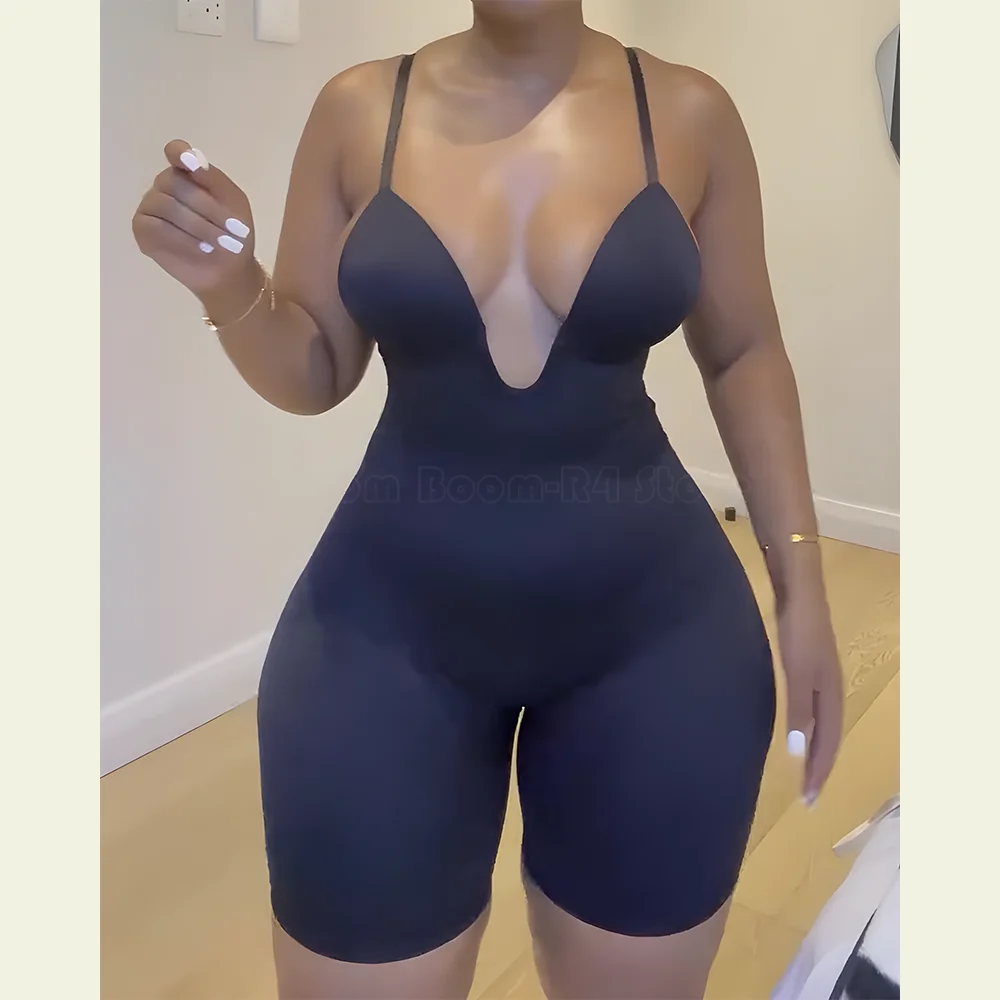 Sexy Bodysuits for Women Black and Beige Shapewear Faja Casual Stretch Jumpsuit Deep V-neck Seamless Soft Slimming Sheath Shorts