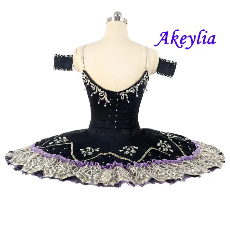 Professionelles Ballett-Tutu, schwarz, lila, Damen-YAGP-Kostüme, Jacquard für Erwachsene, keine Elastizität, 11 Schichten, Pfannkuchen-Tutu, Wettbewerb JN0450