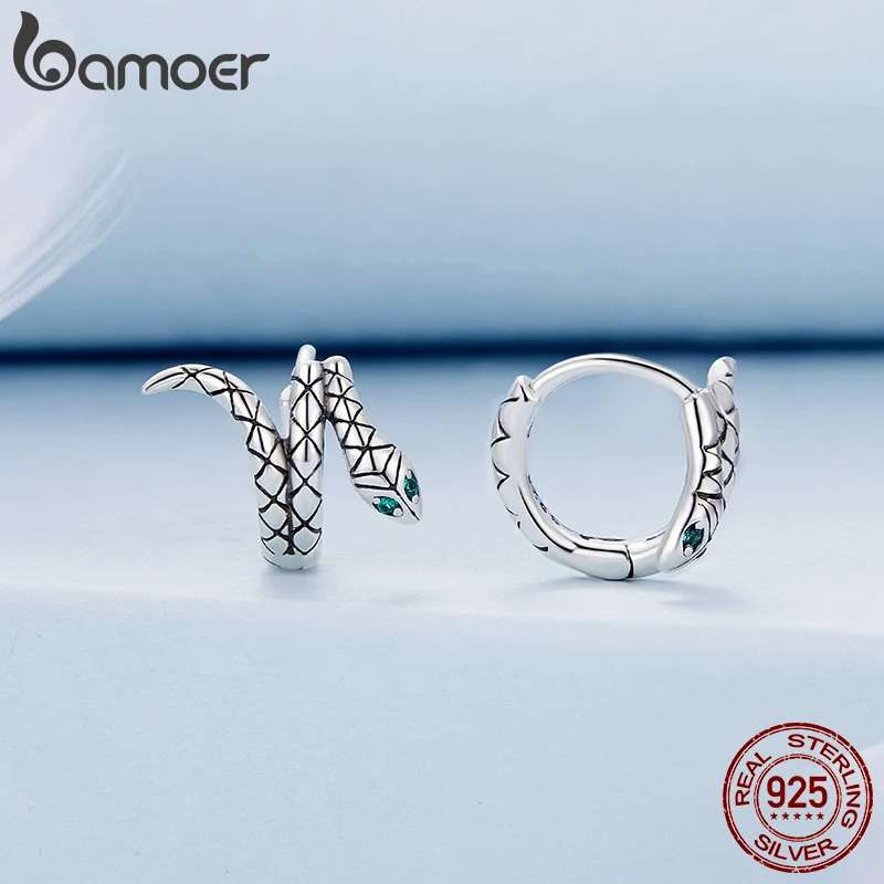 Bamoer 925 Sterling Silver Retro Spirit Snake Ear Buckles Green Zircon Hoop Earrings for Women Fine Jewelry BSE883