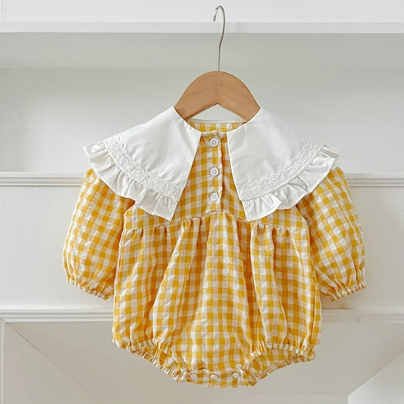 0-3Yrs Infant Retro Romper Spring Newborn Baby Girls Romper Yellow Grid Lapel Floral Rompers Kids Onepiece Fashion Baby Clothing