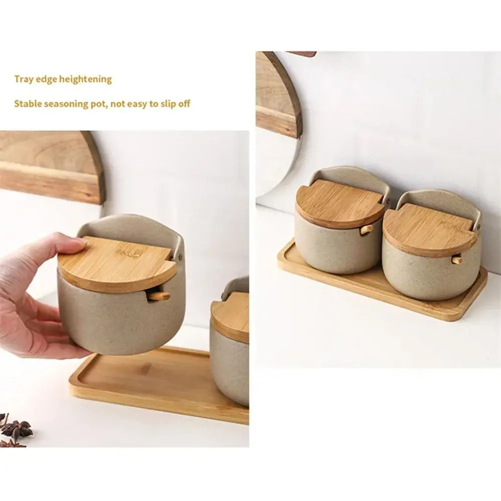 Bamboo Lid Ceramic Seasoning Jar Set Wooden Tray Dust-proof Spices Storage Box Moisture-proof Anti-slip