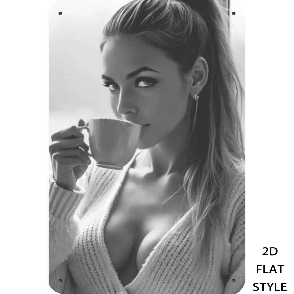 2D Flat Retro Lady Tea Metal Wall Sign - Black White 1950s Pinup Art for Man Cave Bar Office Cafe 8x12in