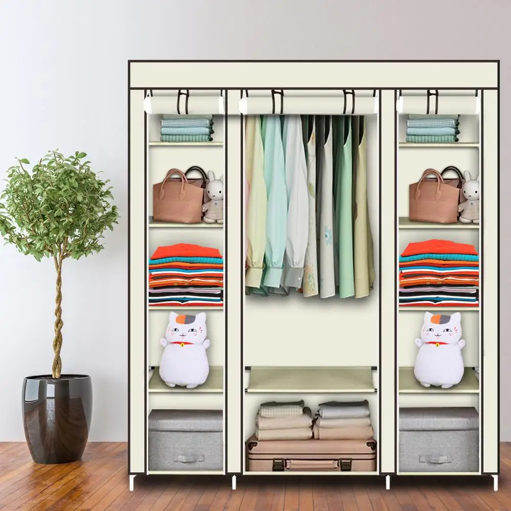 69 Portable Wardrobe Storage Organizer - Durable Non-Woven Fabric, Easy Assembly, Beige Clothes Closet