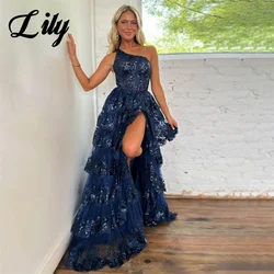 Lily Blue A Line Formal Dresses Tiered Party Dress For Wedding Pleat One Shoulder Special Occasion Dresses with Side Split 프롬드레스